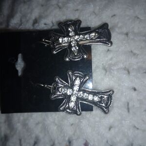 Silver Cross Earrings with Rhinestones
